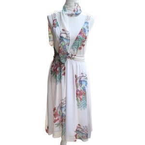 BB Dakota White Peacock Print Fit & Flare Sleeveless Dress & Hair Tie Women XXXL